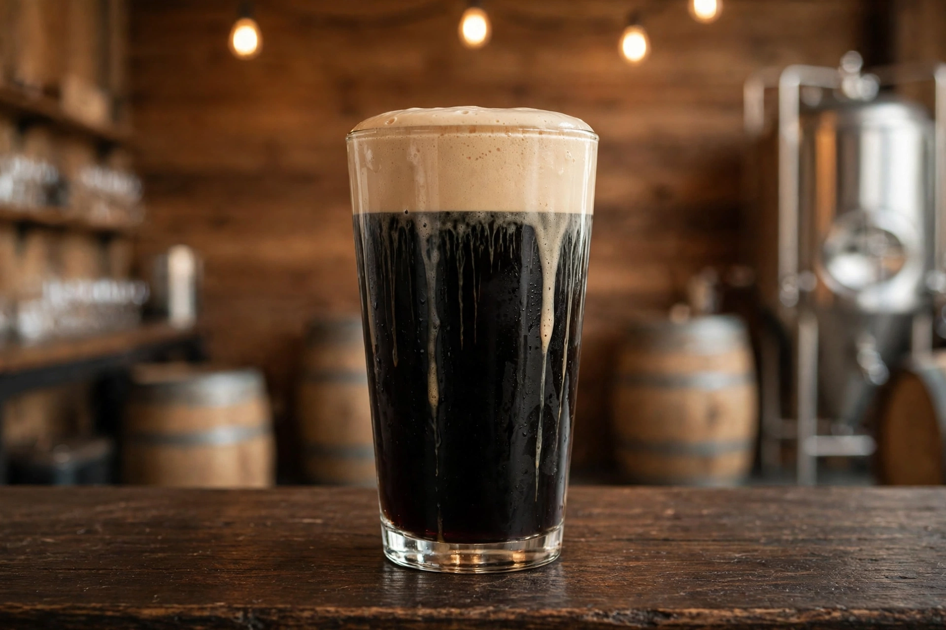 A pint glass of opaque black nitro oatmeal stout with a thick cascading tan head on a wooden bar top (AI-generated image)