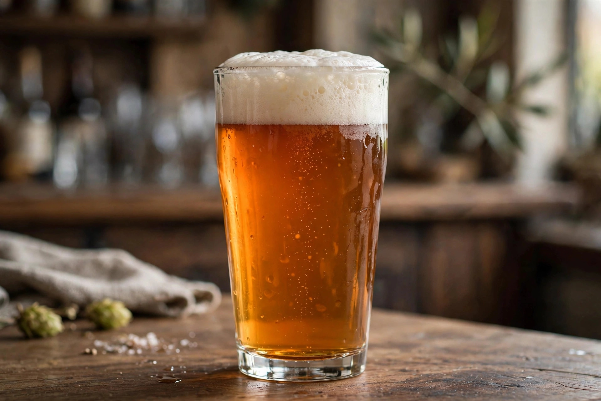 A clear copper West Coast IPA in a pint glass with a foamy white head (AI-generated image)