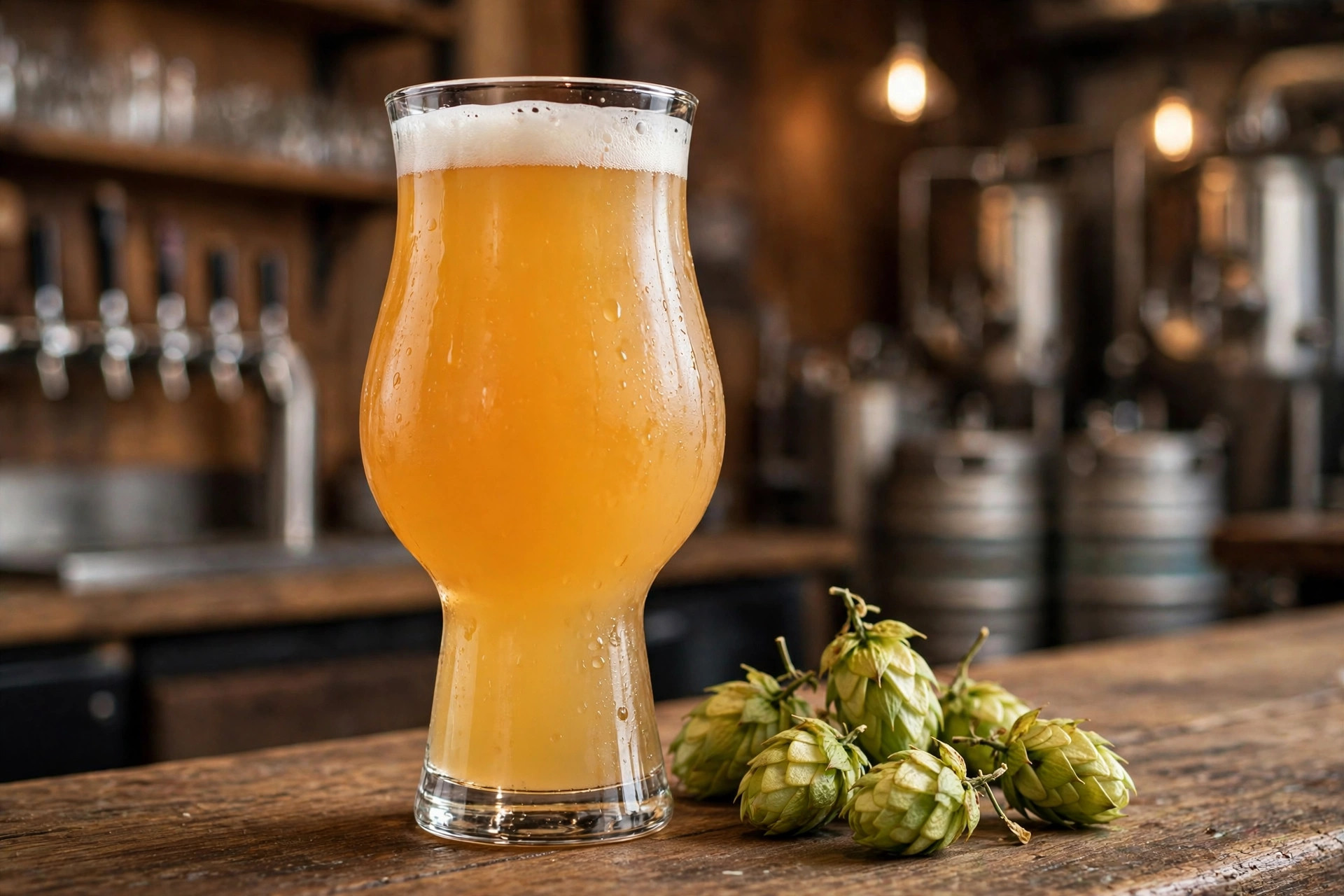 A hazy golden-orange double IPA in a tulip glass with hop cones on a wooden bar (AI-generated image)