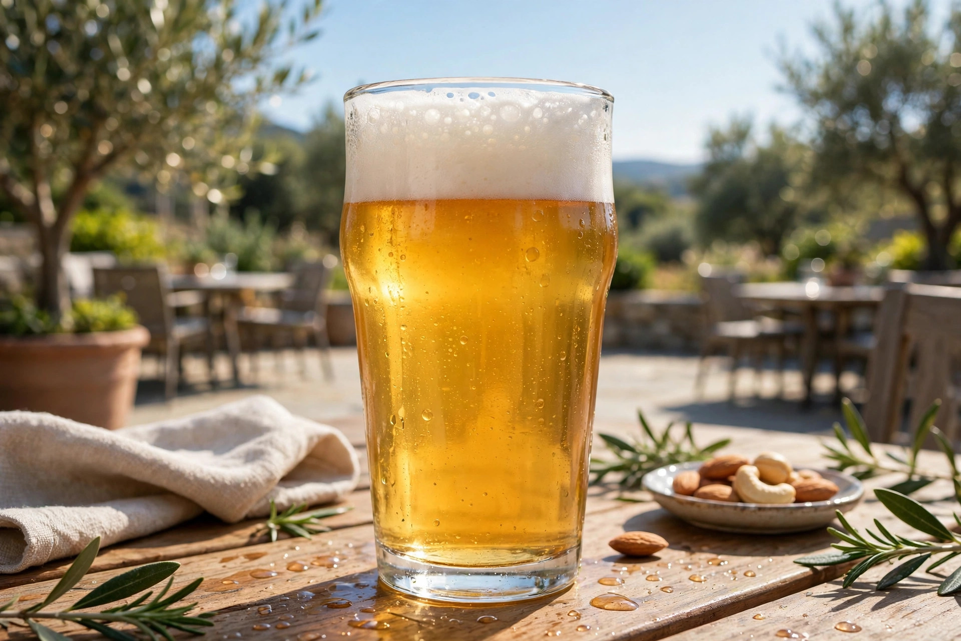 A clear golden blonde ale in a pint glass with a white head, on a sunny patio (AI-generated image)