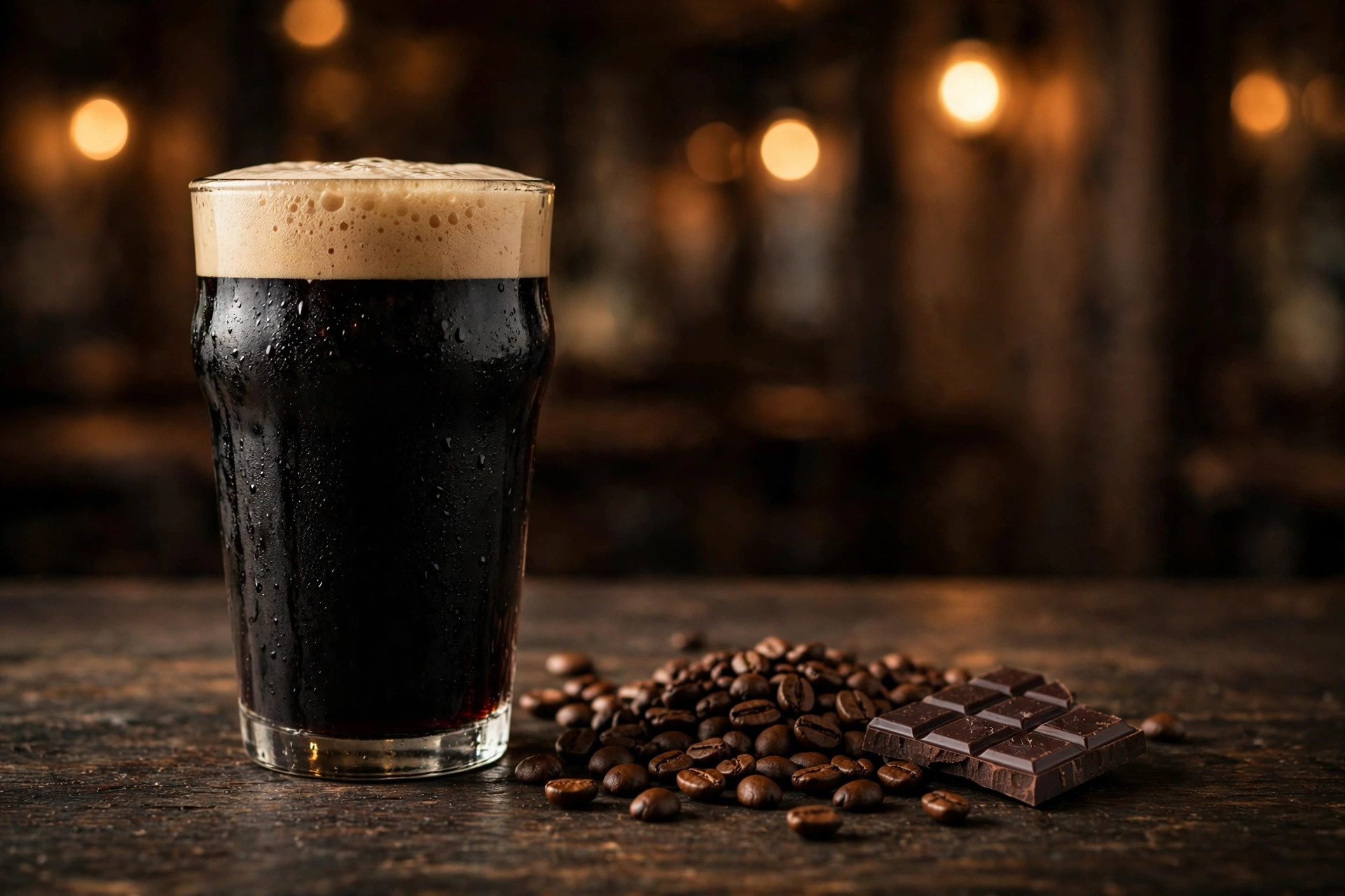 A near-black stout with a tan head beside roasted coffee beans and dark chocolate (AI-generated image)