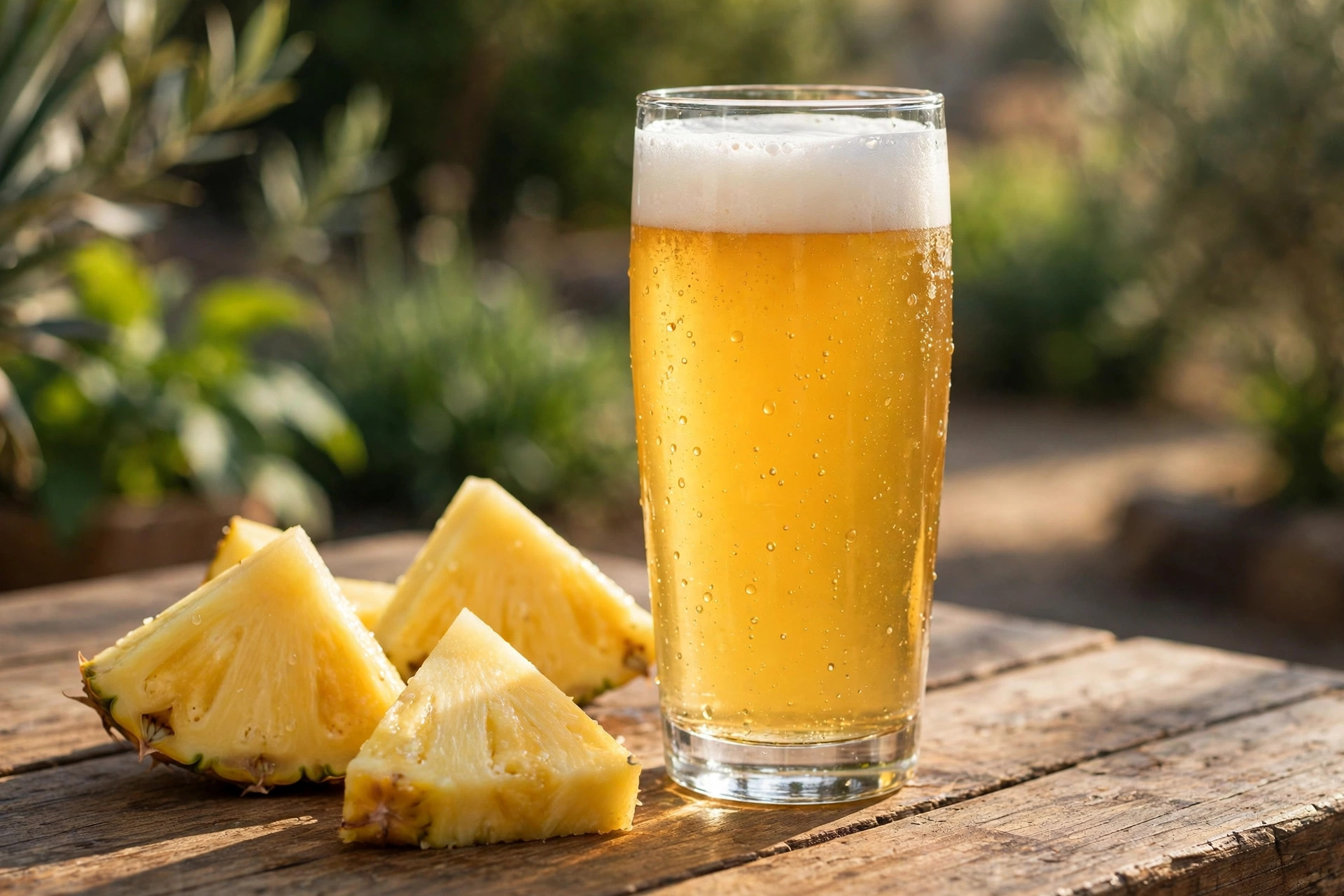 Ace Pineapple Cider poured in a glass with fresh pineapple