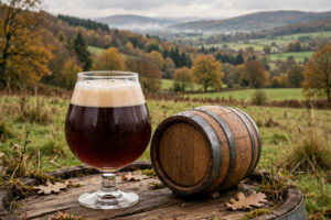 A deep brown doppelbock in a snifter glass with a beige head, beside an oak barrel (AI-generated image)