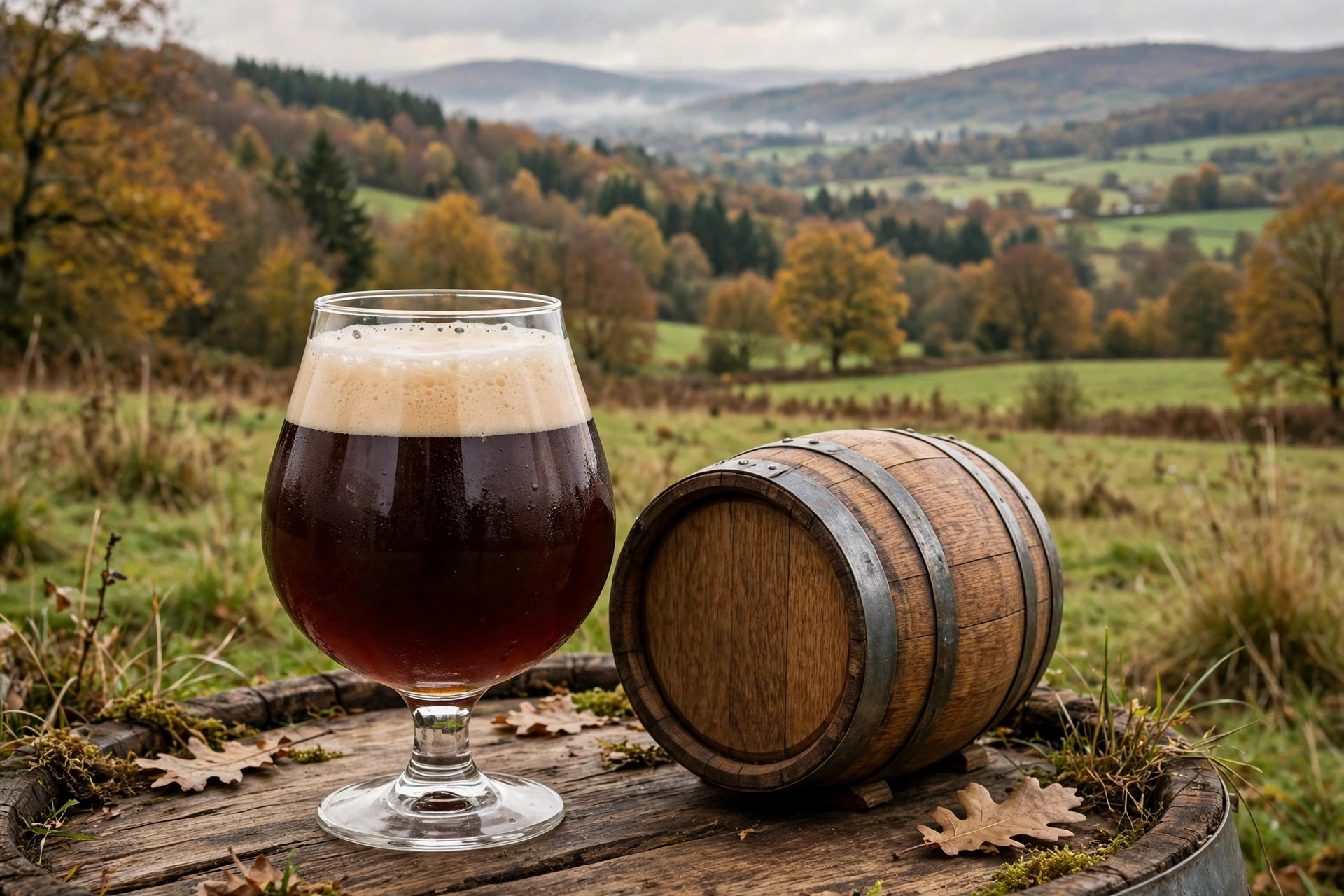 A deep brown doppelbock in a snifter glass with a beige head, beside an oak barrel (AI-generated image)