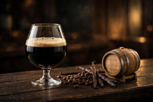A nearly black barrel-aged imperial porter in a snifter glass beside coffee beans, vanilla pods, and a small oak barrel (AI-generated image)