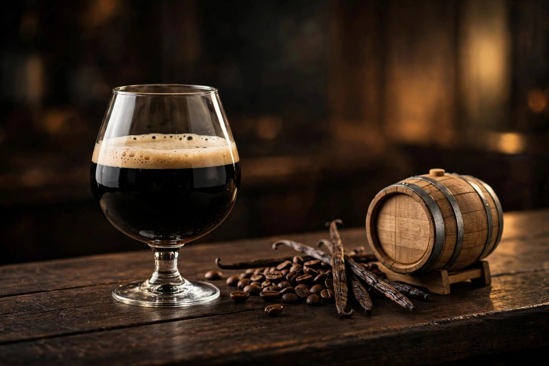 A nearly black barrel-aged imperial porter in a snifter glass beside coffee beans, vanilla pods, and a small oak barrel (AI-generated image)