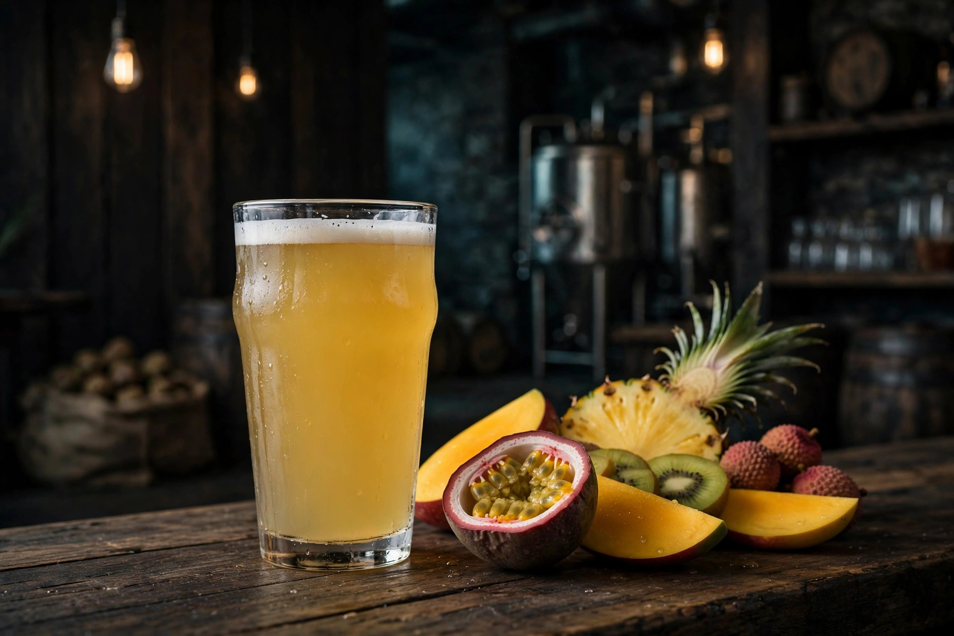 A hazy IPA in a pint glass with a tropical fruit garnish, in a dark brewery taproom (AI-generated image)