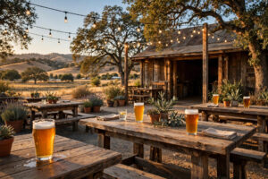 A small-town brewery tasting room patio with wooden tables, string lights, and pints of beer at golden hour (AI-generated image)