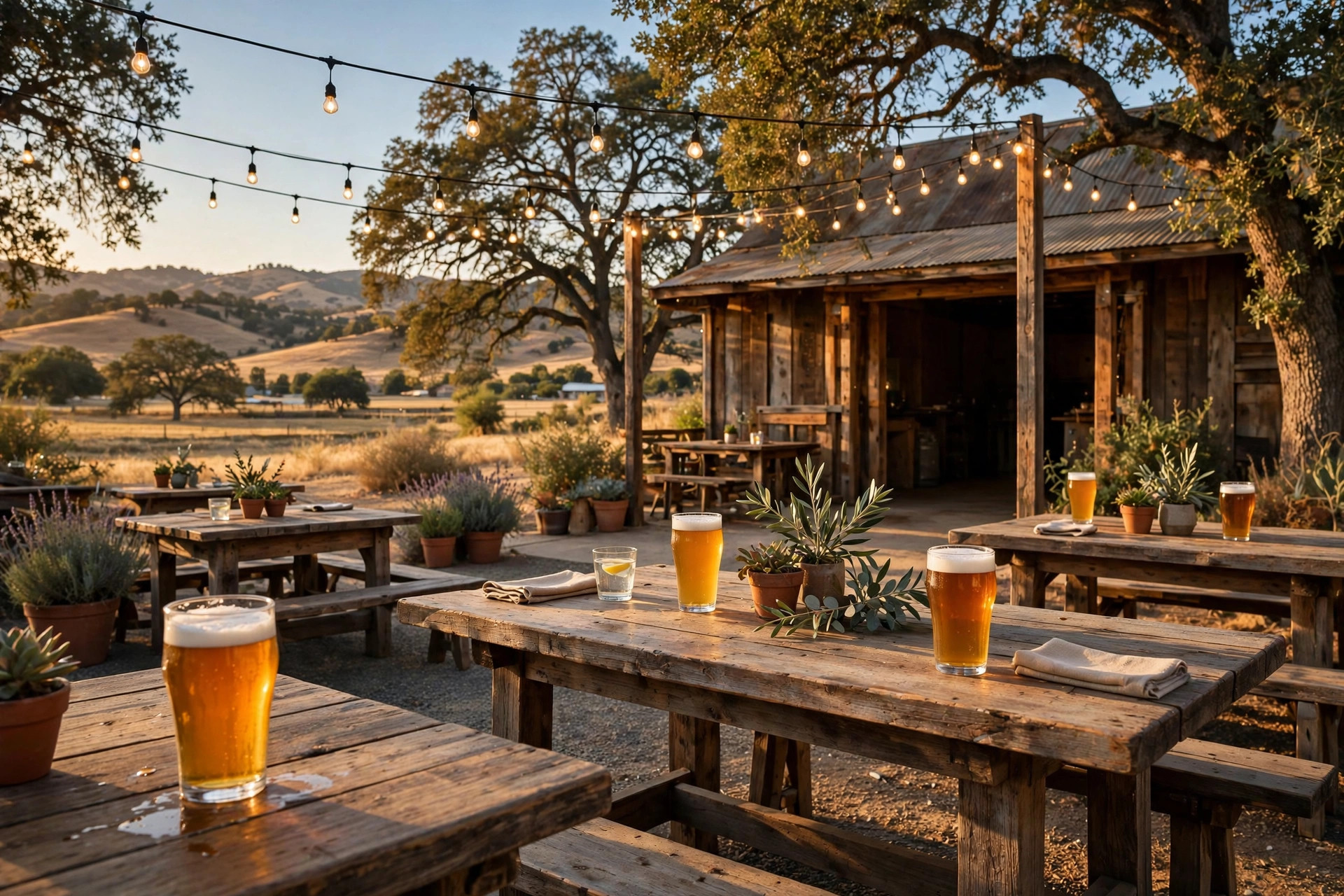 A small-town brewery tasting room patio with wooden tables, string lights, and pints of beer at golden hour (AI-generated image)