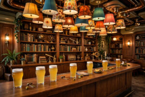 A retro-futurist brewery taproom with a lampshade-covered ceiling, bookshelves, and pints on a long wooden bar (AI-generated image)