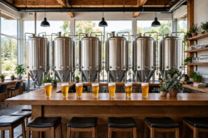 A bright brewery taproom with a long wooden bar, stainless steel brewing equipment, and pints of IPA (AI-generated image)