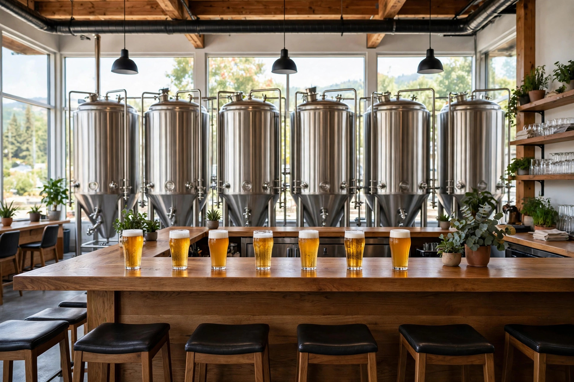 A bright brewery taproom with a long wooden bar, stainless steel brewing equipment, and pints of IPA (AI-generated image)