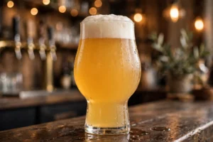 A glass of hazy golden imperial IPA with a white head
