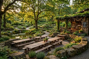 A lush beer garden restaurant patio with stone walls, trees and ponds in golden afternoon light