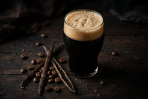 A glass of dark imperial porter with a tan head, coffee beans and vanilla pods beside it